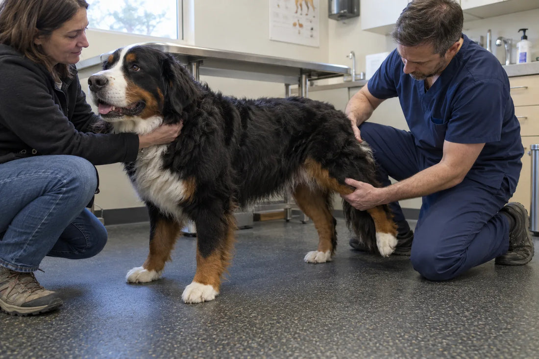 Veterinarian checking the hip mobility of a Bernese Mountain Dog while its owner steadies the dog
